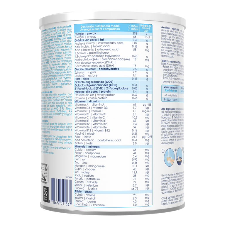 Kabrita 2 Lapte de continuare pe bază de lapte de capră cu HMO, 800g